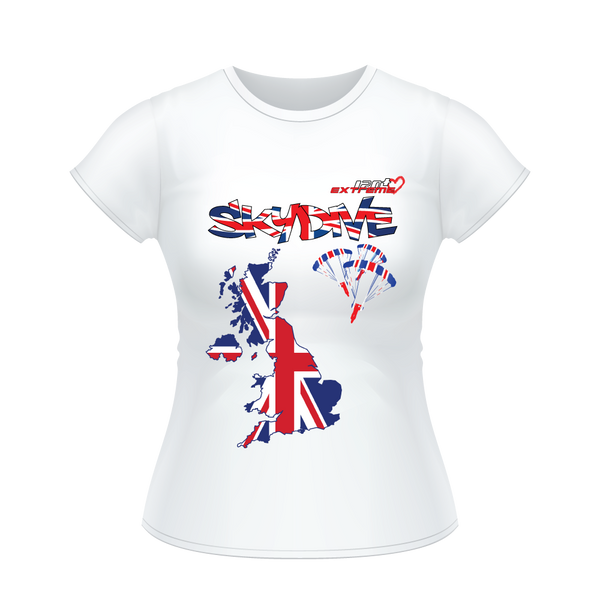 Skydiving T-shirts - Skydive All World - UK - The United Kingdom - Ladies’ Tee, Shirts, Skydiving Apparel, Skydiving Apparel, Skydiving Apparel, Skydiving Gear, Olympics, T-Shirts, Skydive Chicago, Skydive City, Skydive Perris, Drop Zone Apparel, USPA, united states parachute association, Freefly, BASE, World Record,